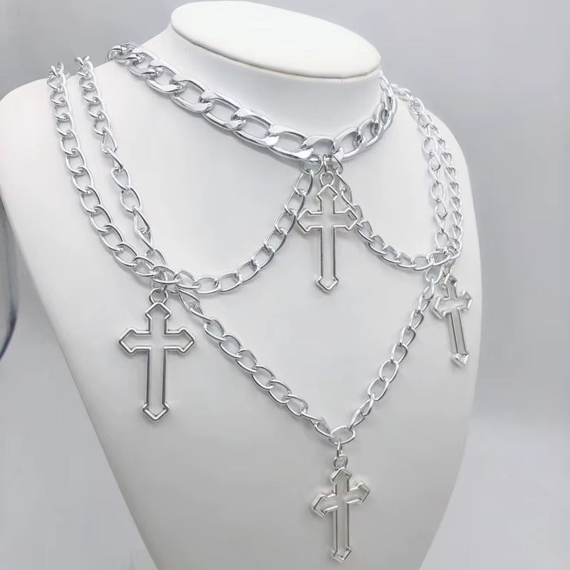 Punk Geometric Silver Color Chain Hollow Cross Pendant Necklaces