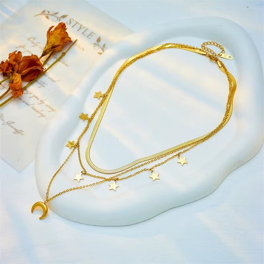 Multilayer Chain Moon Star Tassel Pendant Long Necklace