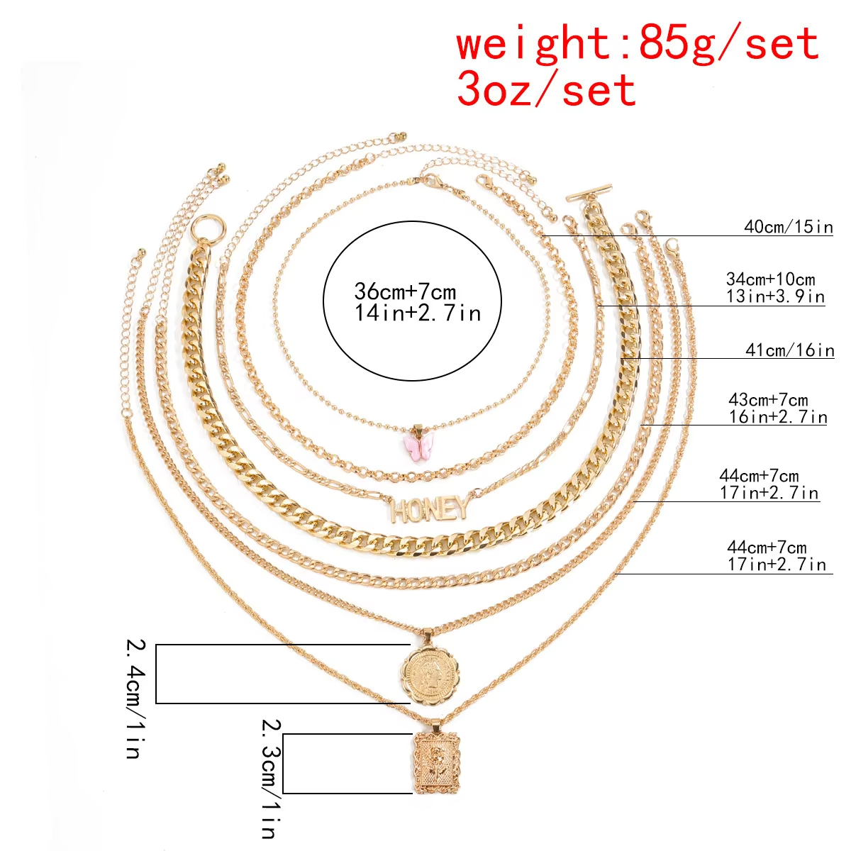 7 Pcs Fashion Punk Gold Color Pendant Chain Necklace