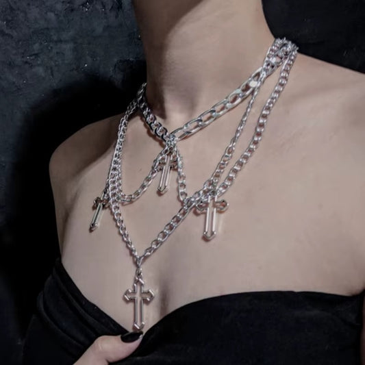 Punk Geometric Silver Color Chain Hollow Cross Pendant Necklaces