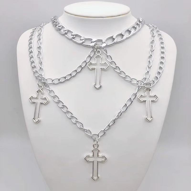 Punk Geometric Silver Color Chain Hollow Cross Pendant Necklaces