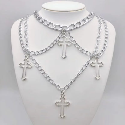 Punk Geometric Silver Color Chain Hollow Cross Pendant Necklaces