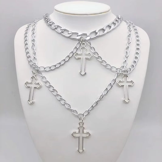 Punk Geometric Silver Color Chain Hollow Cross Pendant Necklaces