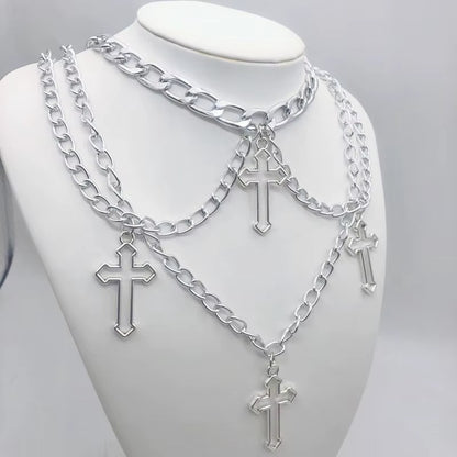 Punk Geometric Silver Color Chain Hollow Cross Pendant Necklaces