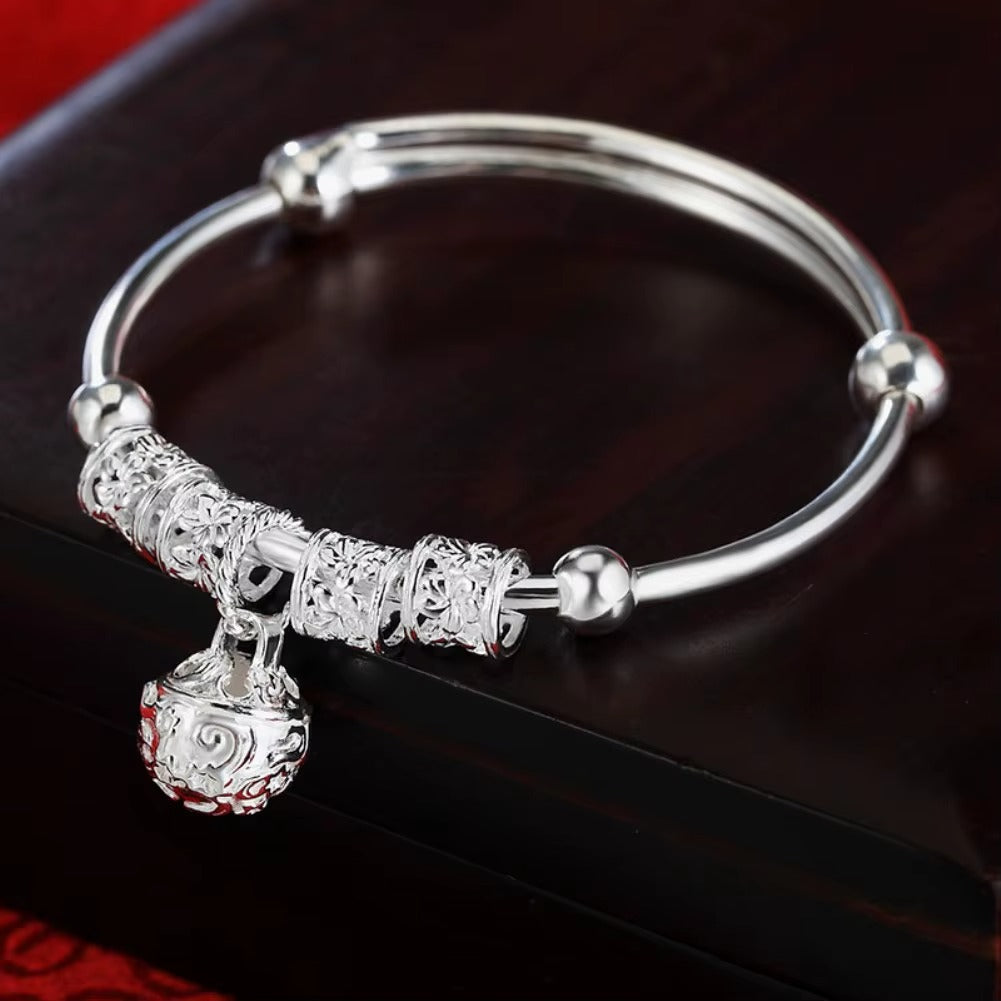 Fine 925 Sterling Silver hollow Bells ball bangles adjustable Bracelets