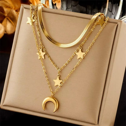 Multilayer Chain Moon Star Tassel Pendant Long Necklace
