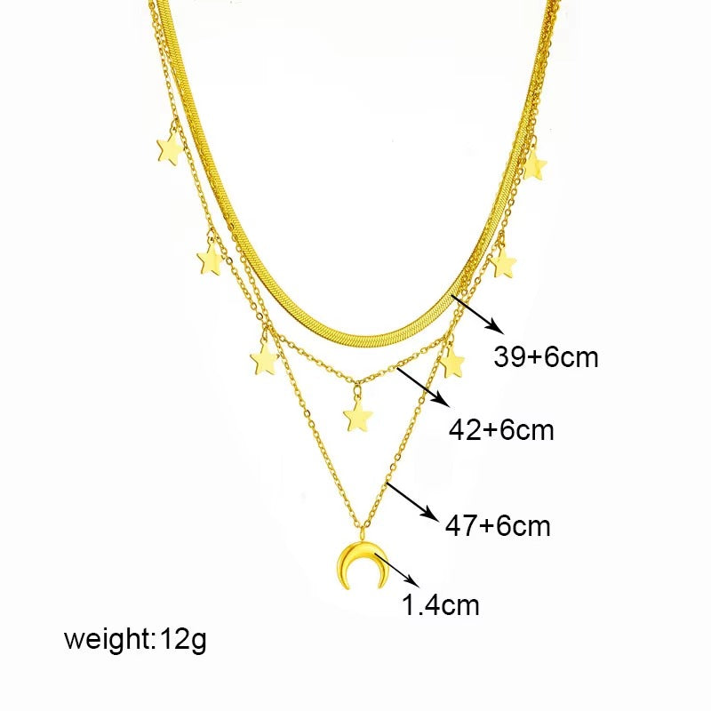 Multilayer Chain Moon Star Tassel Pendant Long Necklace