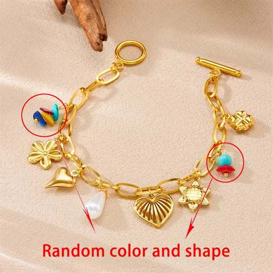 DIEYURO 316L Stainless Steel Golden Hollow out Love Pearl Turquoise Bracelet