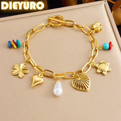 DIEYURO 316L Stainless Steel Golden Hollow out Love Pearl Turquoise Bracelet