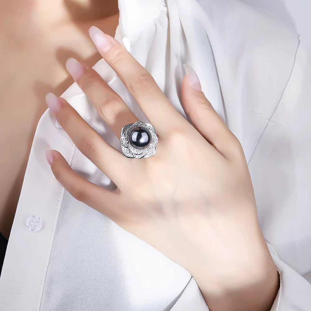 Charms 14MM White Black Big Pearl Adjustable Flower Ring