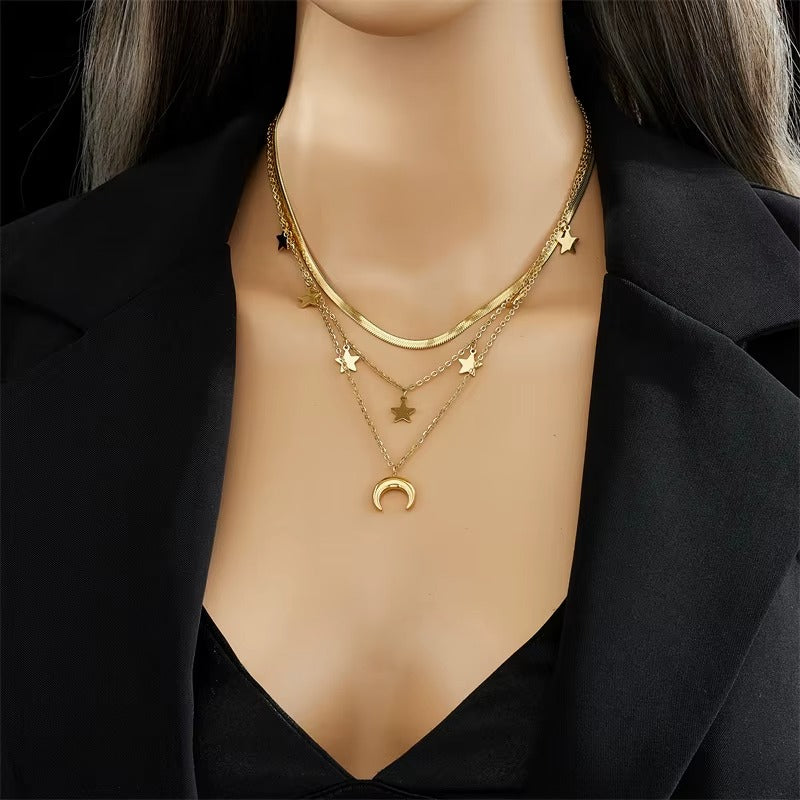 Multilayer Chain Moon Star Tassel Pendant Long Necklace