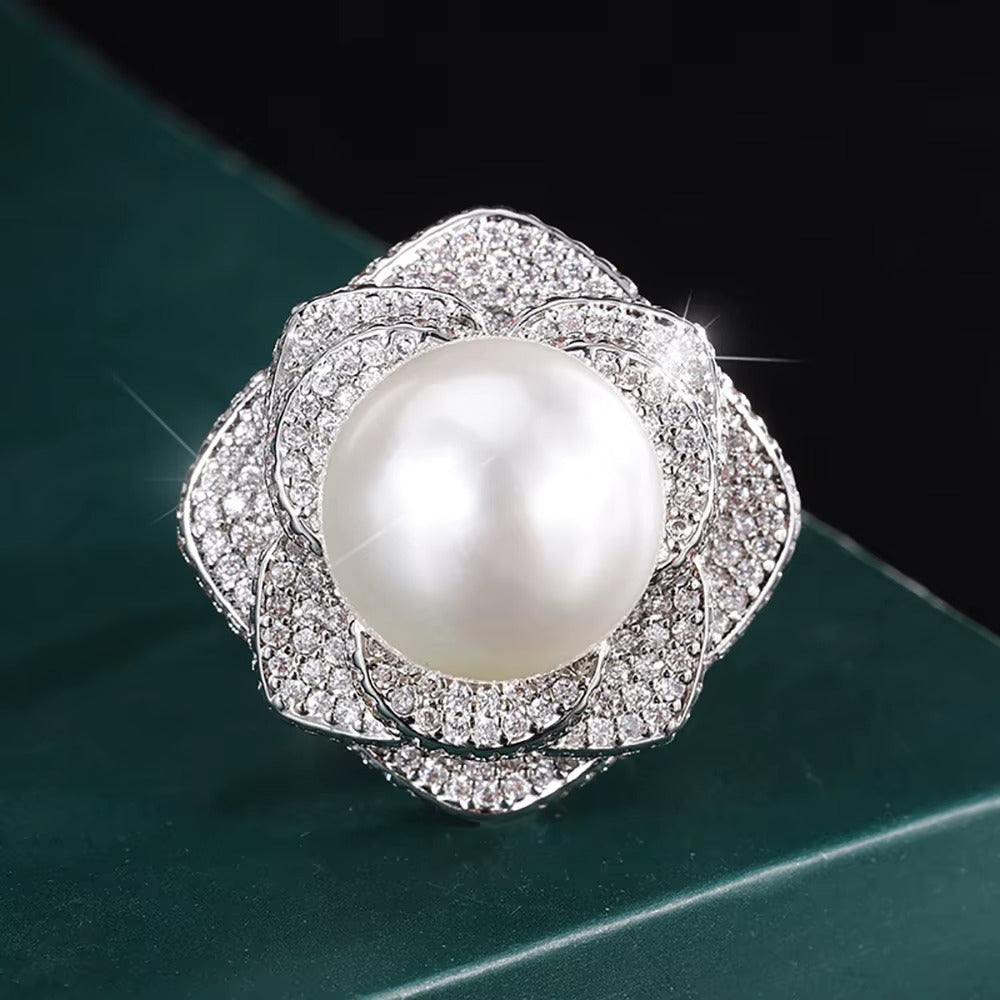 Charms 14MM White Black Big Pearl Adjustable Flower Ring