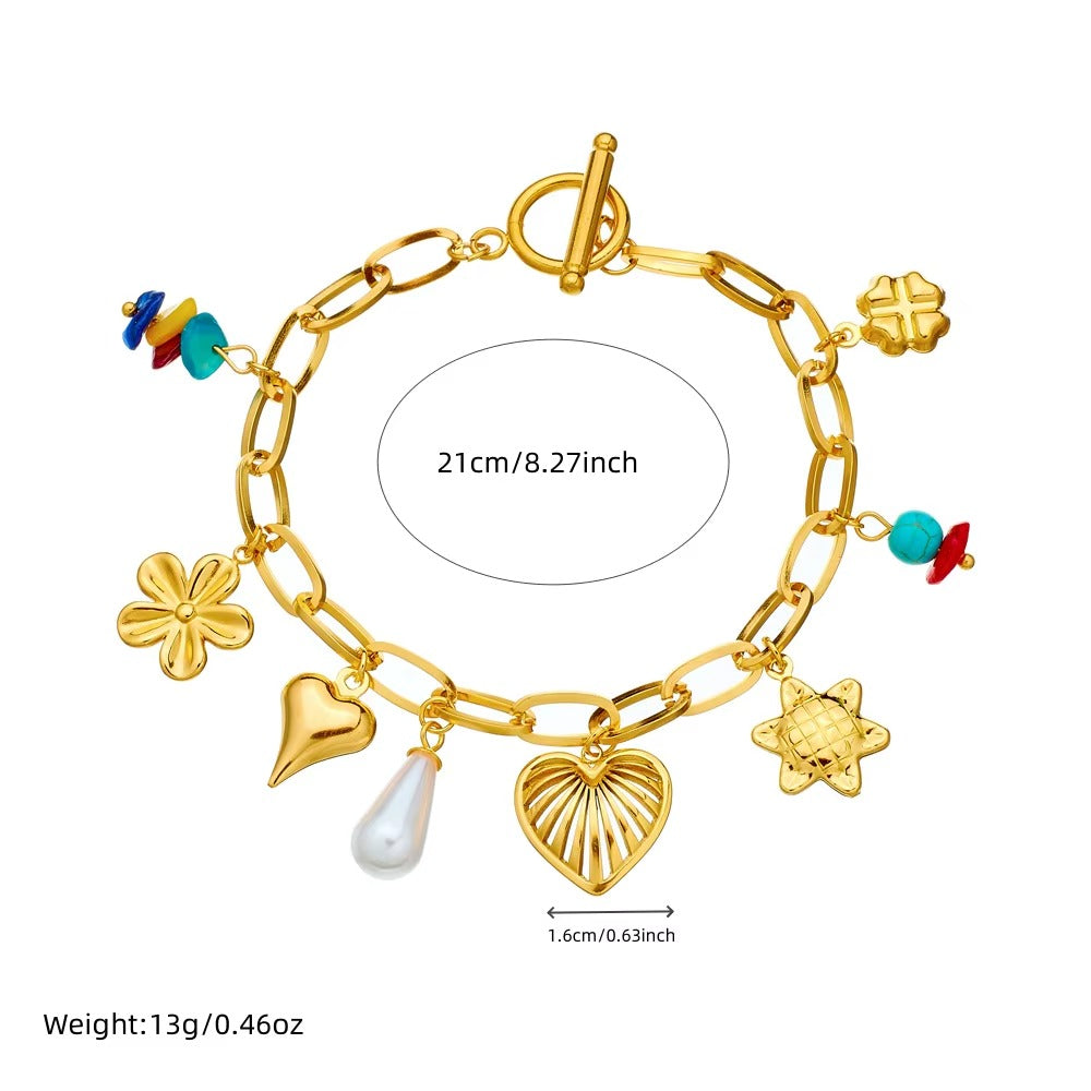 DIEYURO 316L Stainless Steel Golden Hollow out Love Pearl Turquoise Bracelet