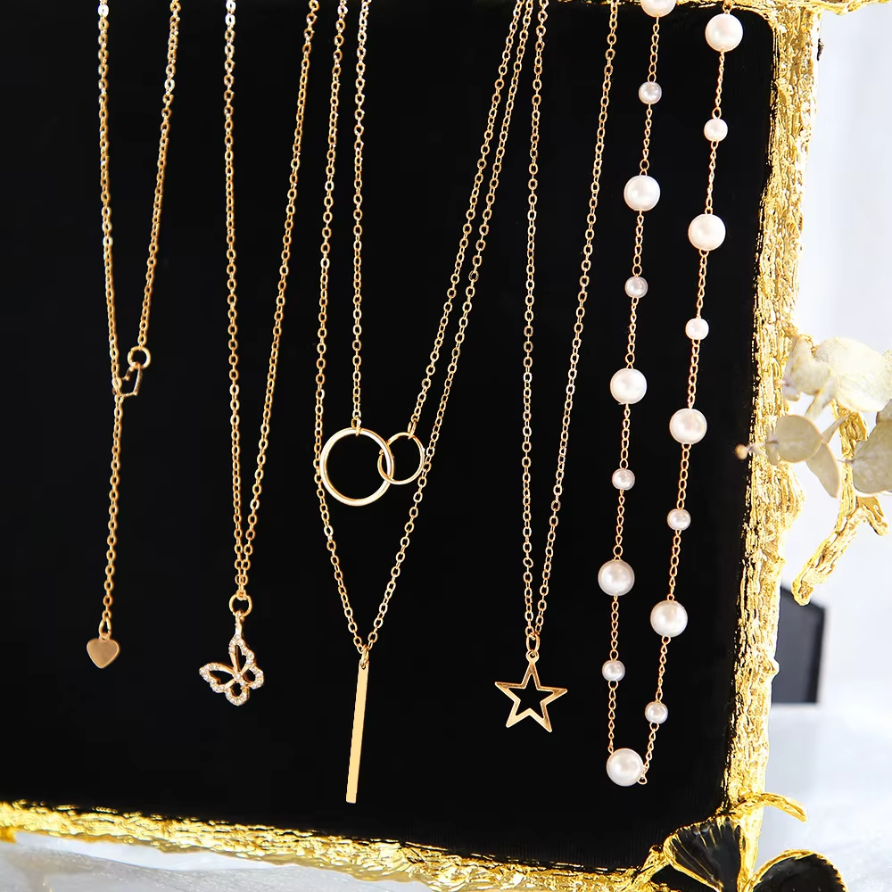 7 Pcs Fashion Punk Gold Color Pendant Chain Necklace