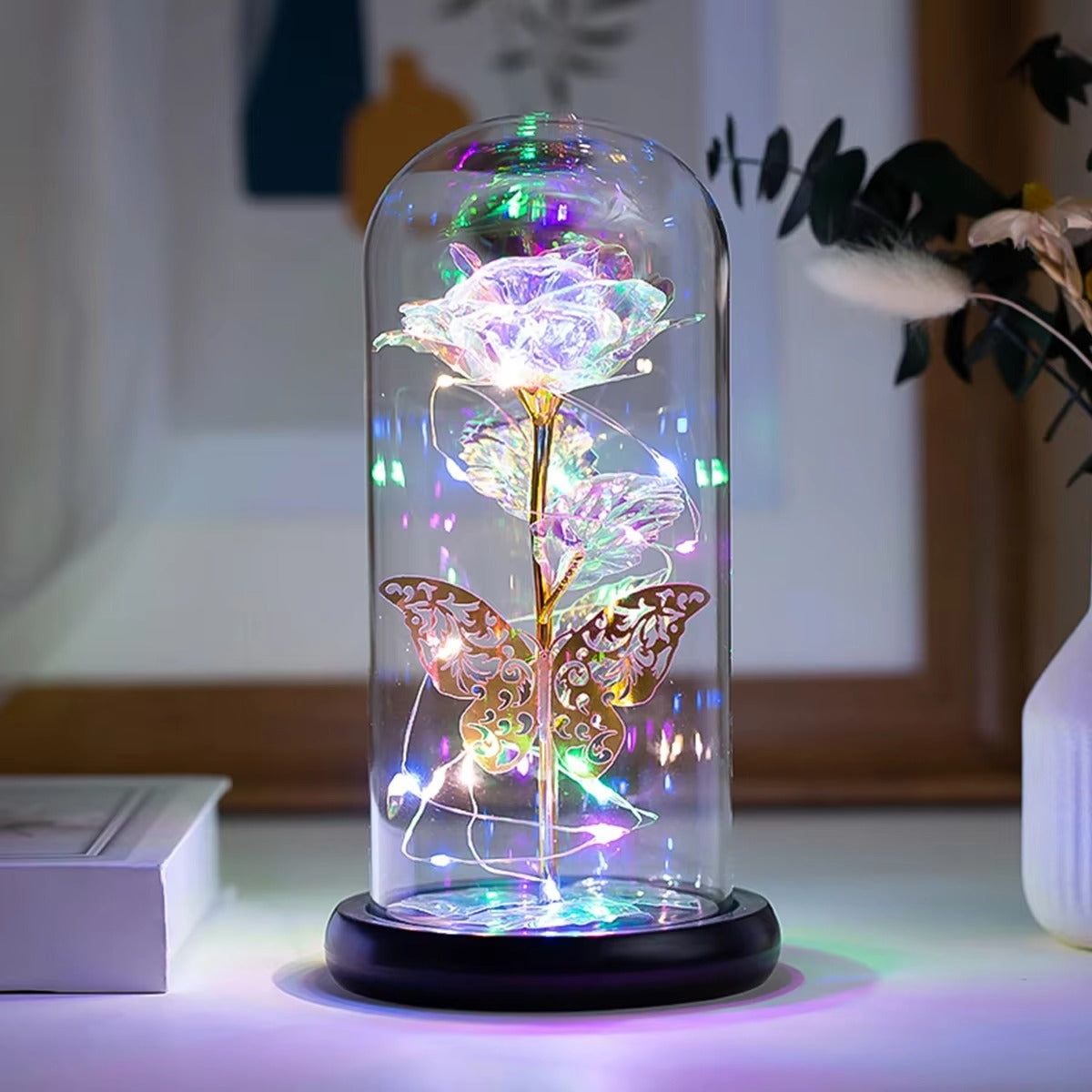 Rose Light Artificial Galaxy Rose Lamp with Butterfly