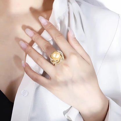 Luxury 14MM White Black Big Pearl Adjustable Flower Ring