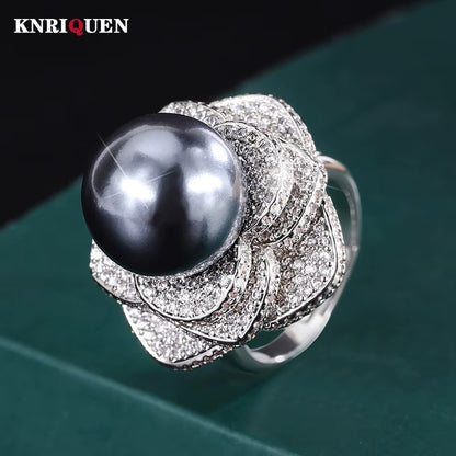 Charms 14MM White Black Big Pearl Adjustable Flower Ring