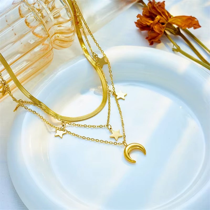 Multilayer Chain Moon Star Tassel Pendant Long Necklace