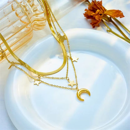 Multilayer Chain Moon Star Tassel Pendant Long Necklace