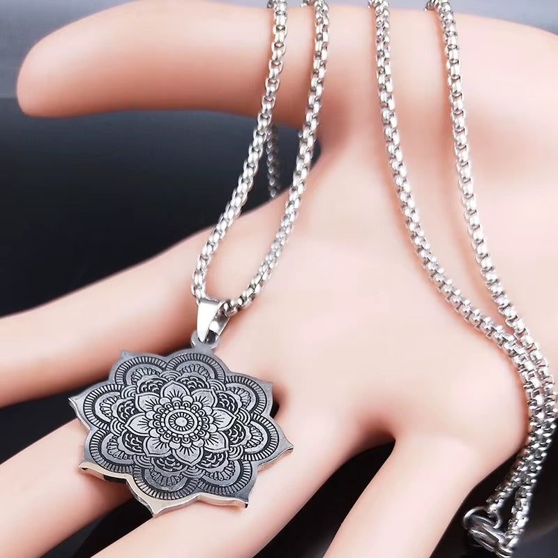 Mandala Flower of Life Stainless Steel Datura Stramonium Necklace