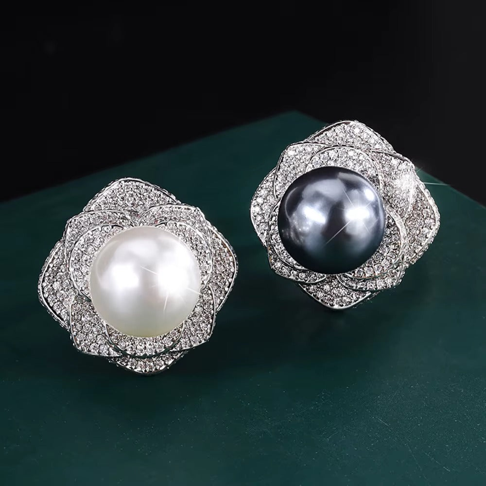 Charms 14MM White Black Big Pearl Adjustable Flower Ring