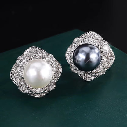 Charms 14MM White Black Big Pearl Adjustable Flower Ring