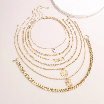7 Pcs Fashion Punk Gold Color Pendant Chain Necklace