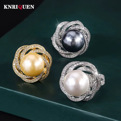 Luxury 14MM White Black Big Pearl Adjustable Flower Ring