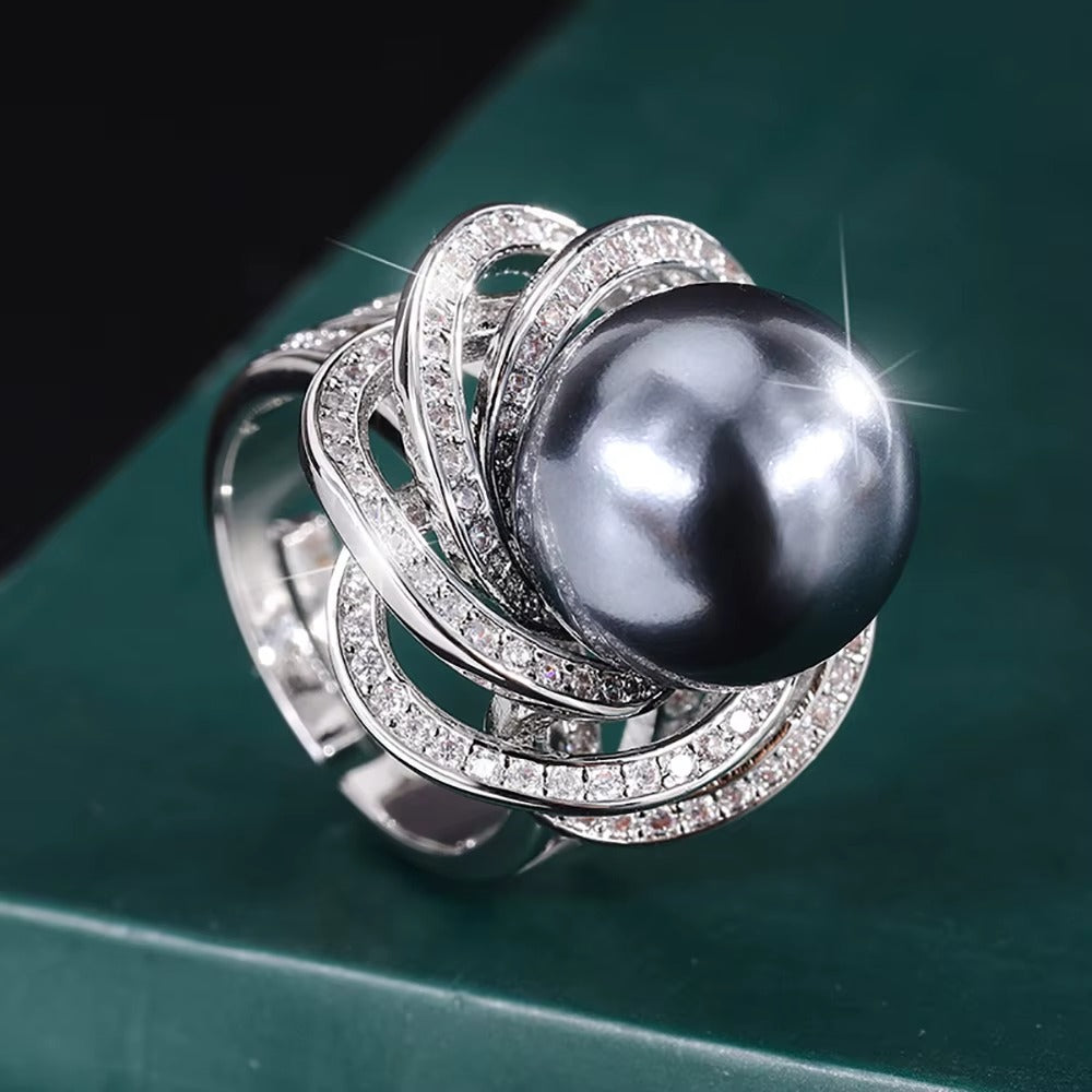 Luxury 14MM White Black Big Pearl Adjustable Flower Ring