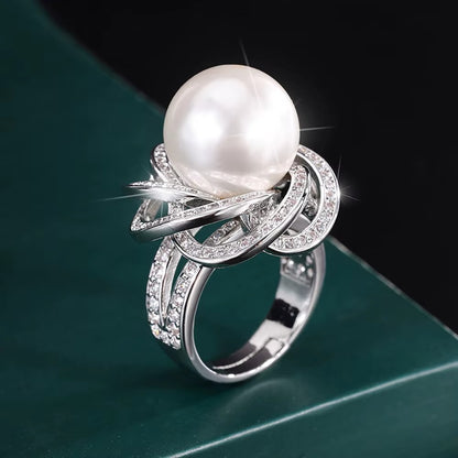 Luxury 14MM White Black Big Pearl Adjustable Flower Ring