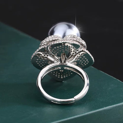 Charms 14MM White Black Big Pearl Adjustable Flower Ring