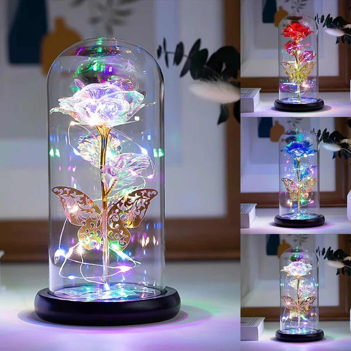 Rose Light Artificial Galaxy Rose Lamp with Butterfly