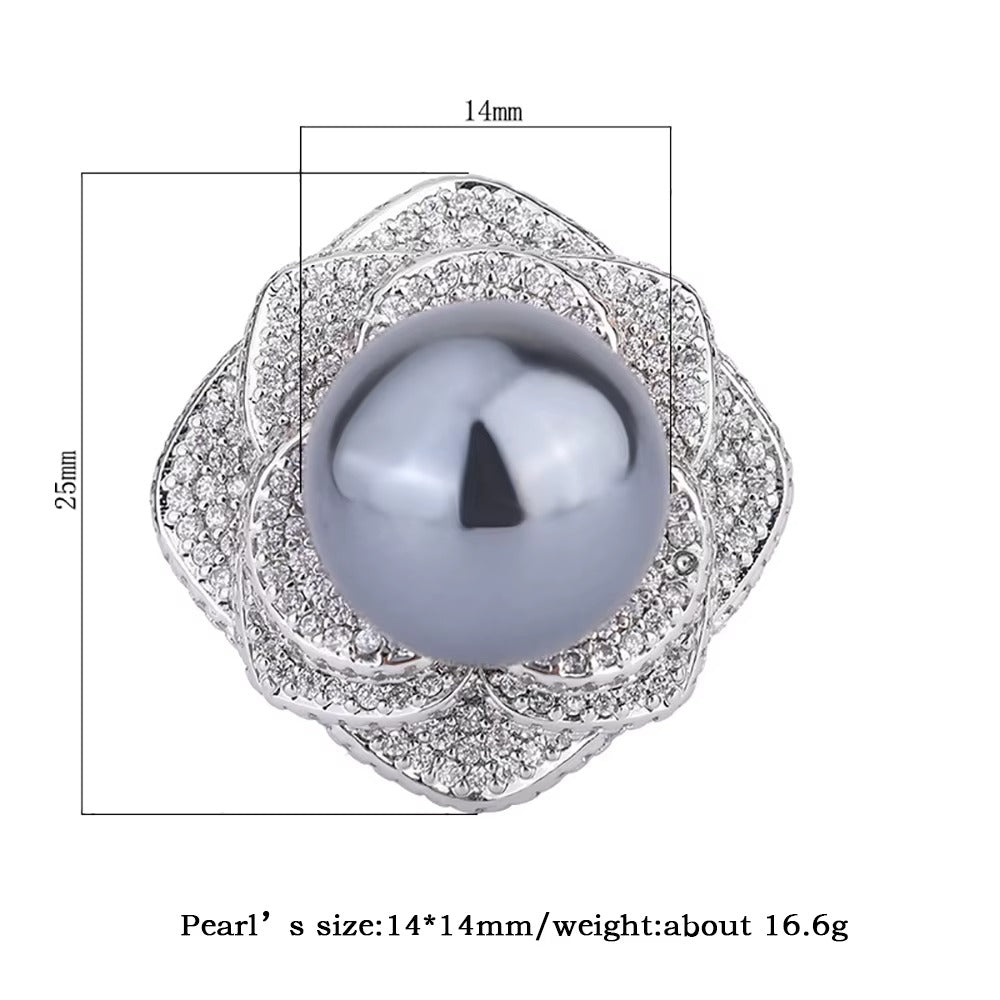 Charms 14MM White Black Big Pearl Adjustable Flower Ring