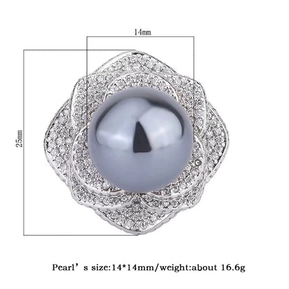 Charms 14MM White Black Big Pearl Adjustable Flower Ring