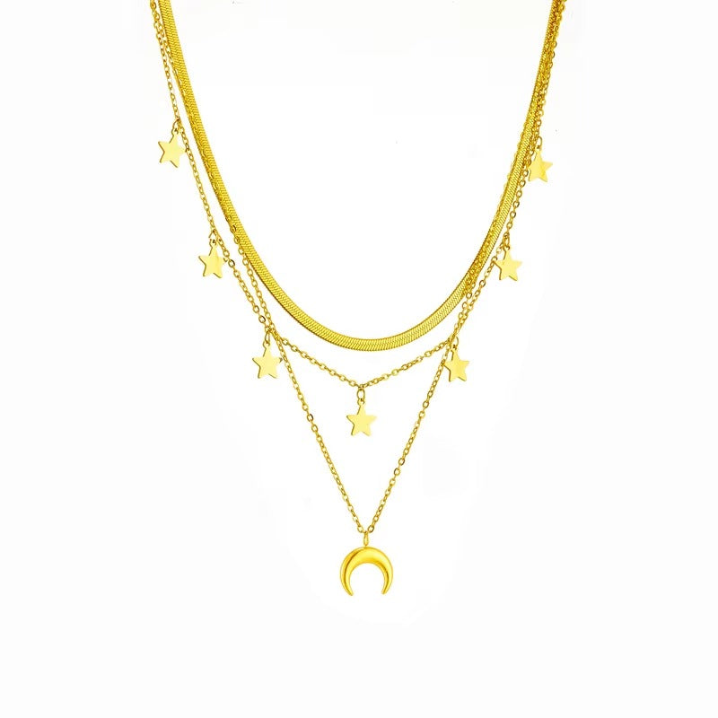 Multilayer Chain Moon Star Tassel Pendant Long Necklace