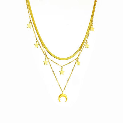 Multilayer Chain Moon Star Tassel Pendant Long Necklace