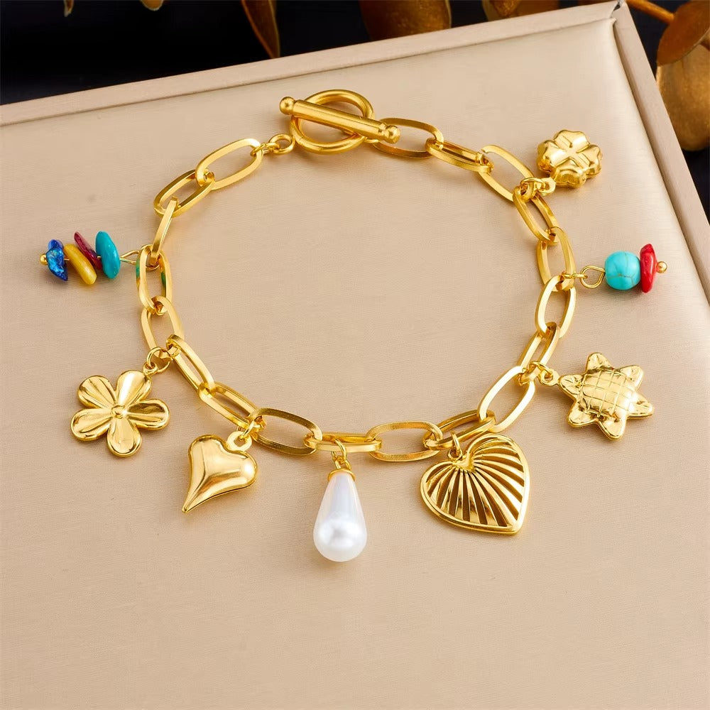 DIEYURO 316L Stainless Steel Golden Hollow out Love Pearl Turquoise Bracelet