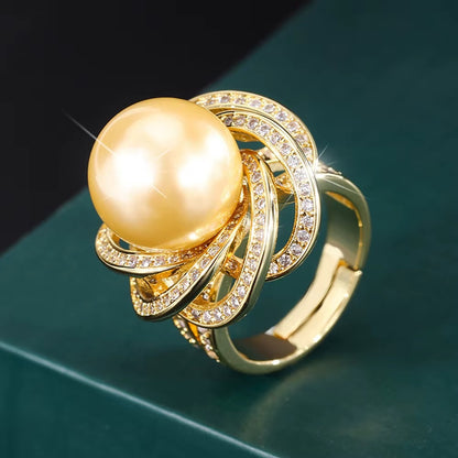 Luxury 14MM White Black Big Pearl Adjustable Flower Ring