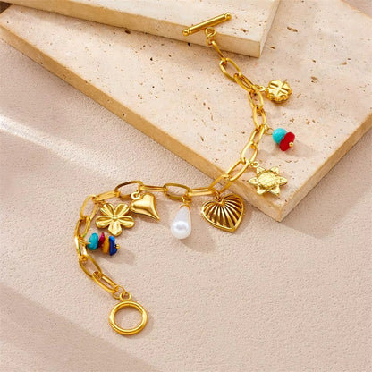 DIEYURO 316L Stainless Steel Golden Hollow out Love Pearl Turquoise Bracelet