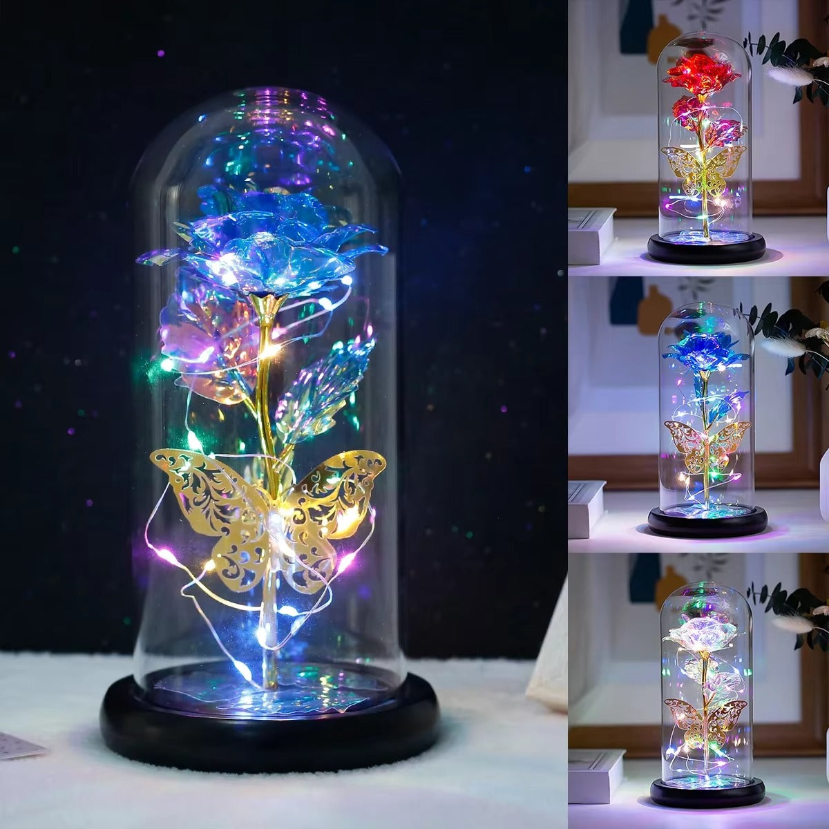 Rose Light Artificial Galaxy Rose Lamp with Butterfly