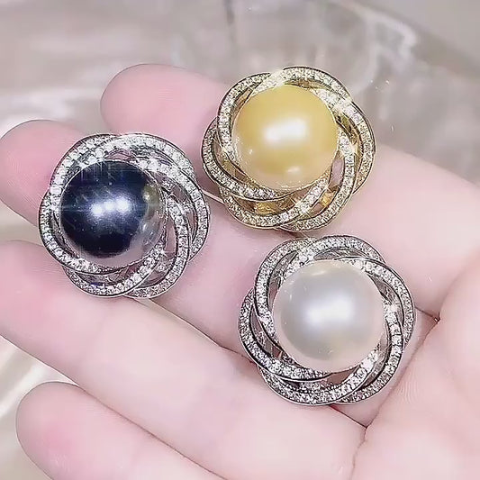 Luxury 14MM White Black Big Pearl Adjustable Flower Ring